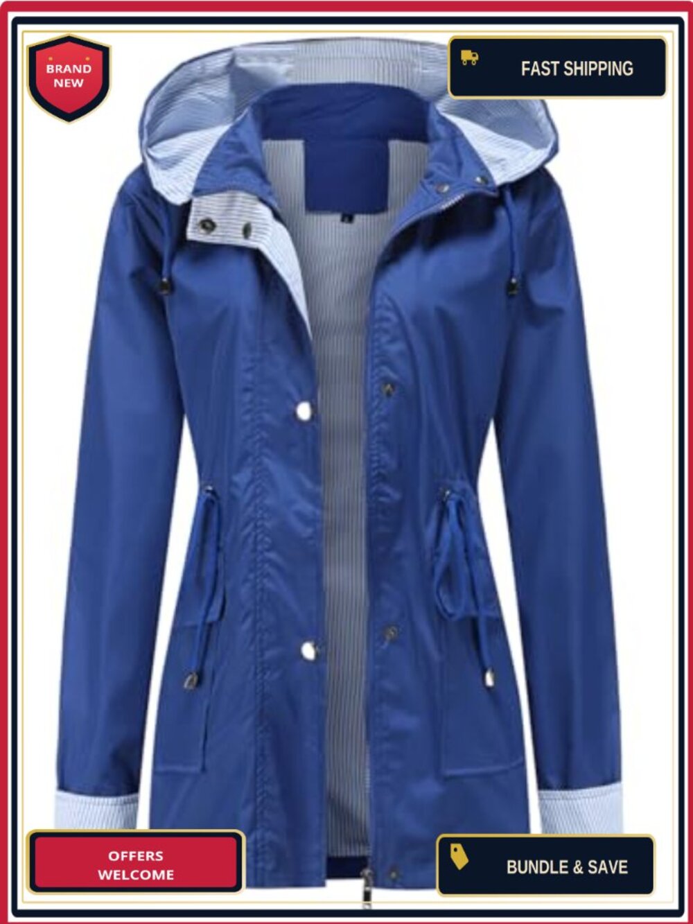 Women's Hooded Rain Coat Waterproof Lightweight Long Windbreaker Striped Lined